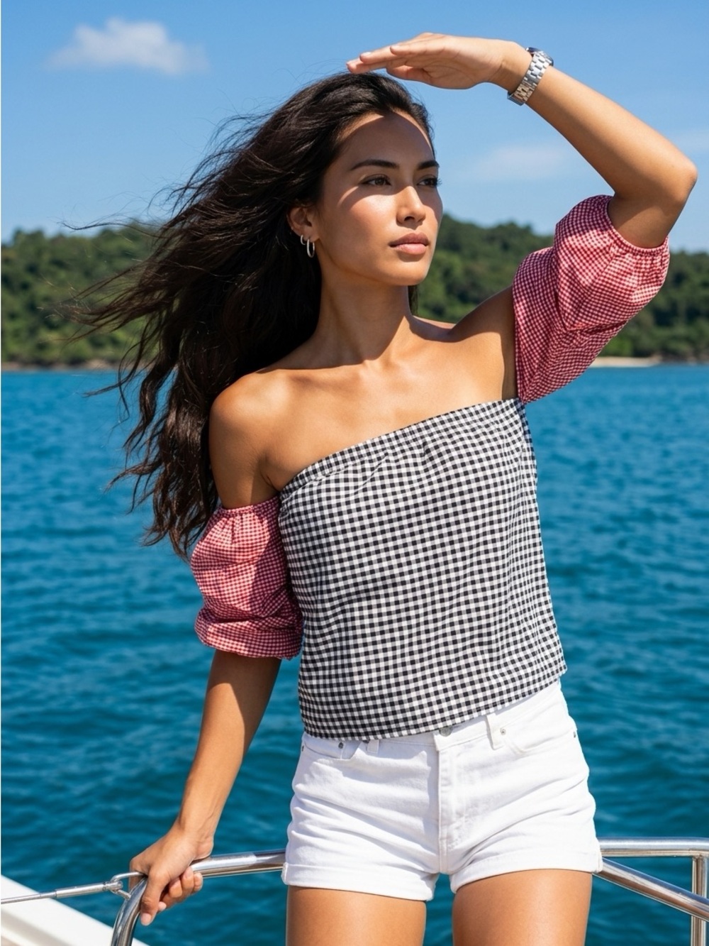 Romeo & Juliet Couture Medium Black Red White Gingam Off Shoulder Crop Top